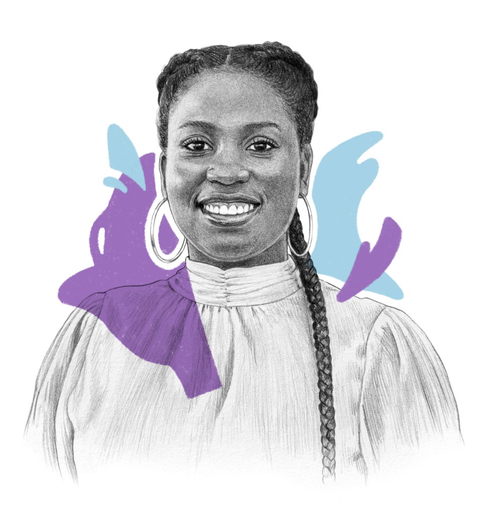 A black and white head-and-shoulders illustration of Abisola Folorunso with an illustrated splash of color behind her.