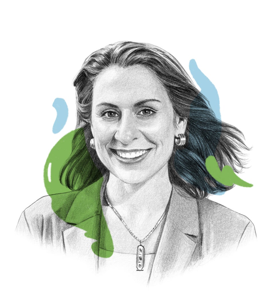 A black and white head-and-shoulders illustration of Catherine Bous with an illustrated splash of color behind her.