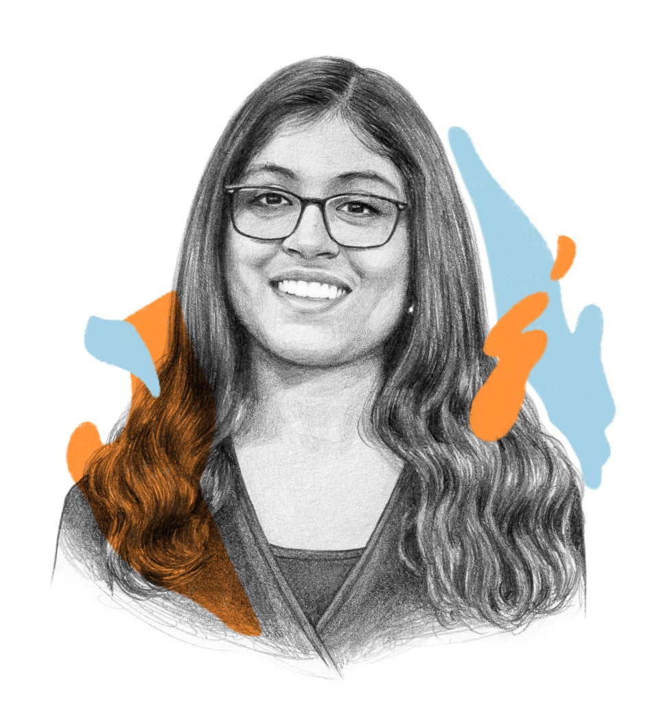 A black and white head-and-shoulders illustration of Snehal Choudhury with an illustrated splash of color behind her.