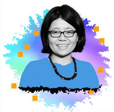 A head-and-shoulders phof Rong Xu with an illustrated splash of color behind her.
