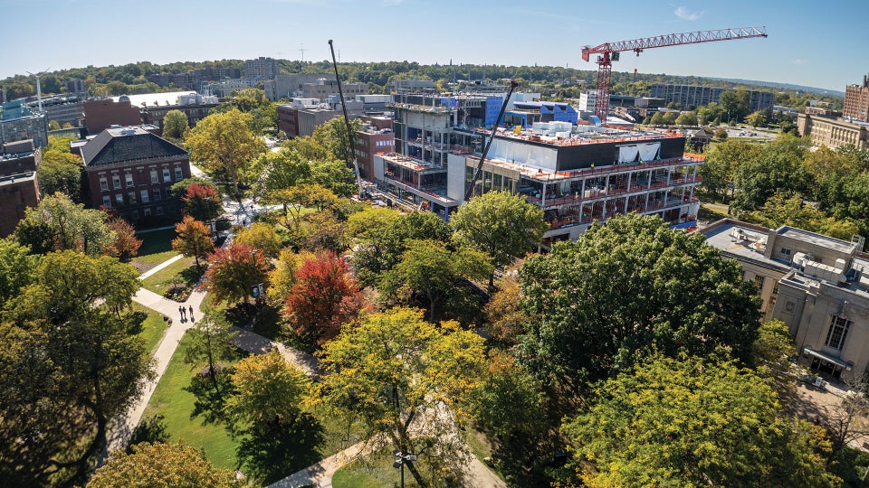 CWRU quad drone photo showing progress on the ISEB building