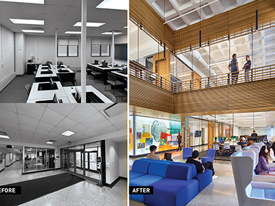 Side-by-side before and after images of Olin Hall
