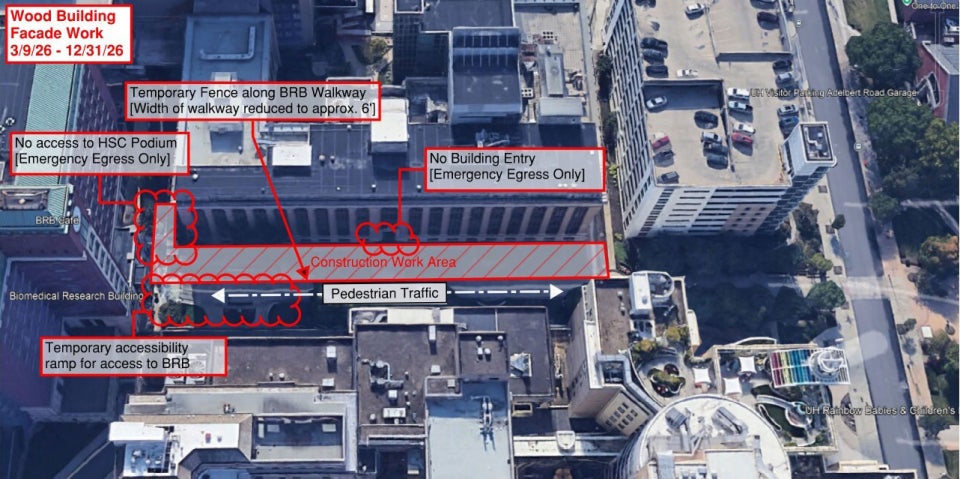 Photo of the north elevation of the Wood Building showing areas affected by construction. 