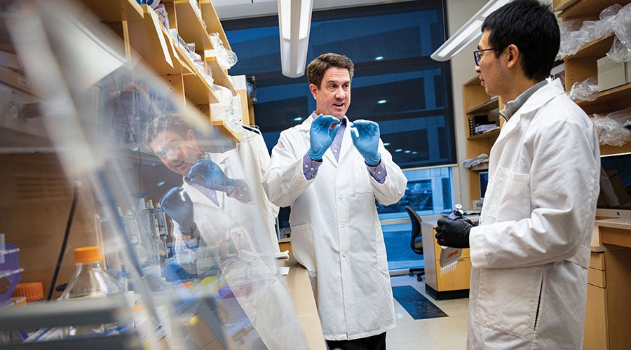 Two scientists in white lab coats and gloves converse in a laboratory, surrounded by shelves with equipment and bottles, conveying collaboration and focus.