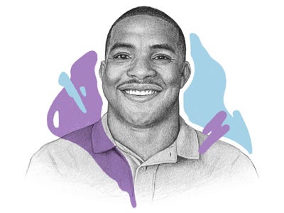 Smiling person in a grayscale portrait with colorful abstract shapes in purple, blue, and orange on a grid background, conveying a modern, upbeat tone.