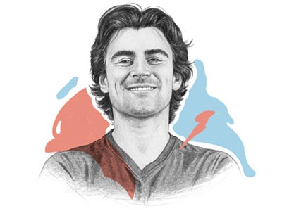 Smiling man in a sketch-style portrait with a colorful abstract background, featuring red and blue shapes. The mood is joyful and dynamic.