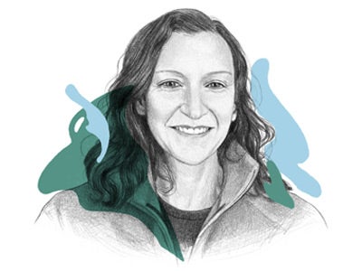 A grayscale illustration of a smiling woman with curly hair overlaid on a grid background. Teal and light blue abstract shapes accent the image.