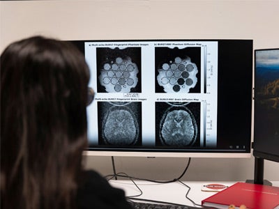 A person with long hair analyzes brain MRI scans displayed on a computer monitor. The desk holds a red notebook, suggesting a study or research setting.