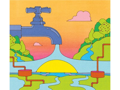  Illustration of a large blue faucet with a sunset sky background pours water, forming rivers in a colorful landscape of hills and trees, evoking a sense of tranquility.