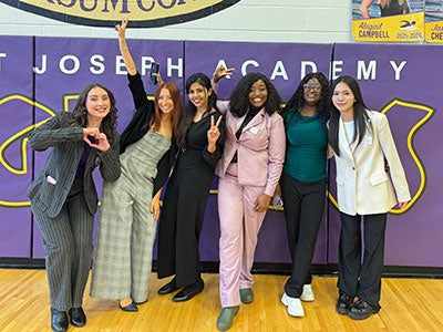 Photo of six members of the Women in Business organization posing for a photo at Saint Joseph Academy