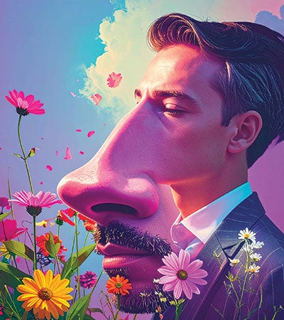Surreal illustration of a man with an exaggerated large nose and colorful flowers in the foreground.
