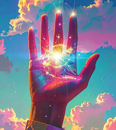 An open hand with glowing lights in the palm against a colorful sky with clouds.