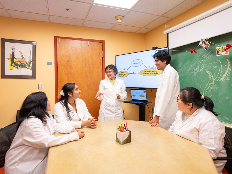 Five researchers in white lab coats discuss craniosynostosis around a table, with a diagram displayed on a monitor. A chalkboard with scientific drawings and notes is visible in the background.