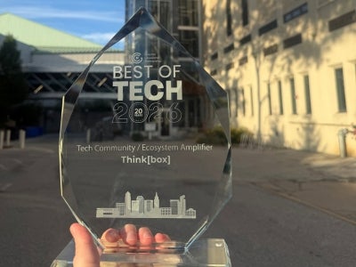 Best of Tech Award statue that credits Sears think[box] as the Tech Community/Ecosystem Amplifier recipient