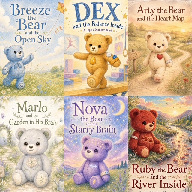 Six children’s book covers featuring a teddy bear and a title. 1: blue bear under the sky on “Breeze the Bear and the Open Sky.” 2: golden bear walking indoors on “Dex and the Balance Inside.” 3: tan bear with a heart on its chest on “Arty the Bear and the Heart Map.” 4: gray bear surrounded by flowers on “Marlo and the Garden in His Brain." 5: purple bear beneath a moonlit, starry sky on “Nova the Bear and the Starry Brain." 6: red bear sitting by a winding river on “Ruby the Bear and the River Inside.” 