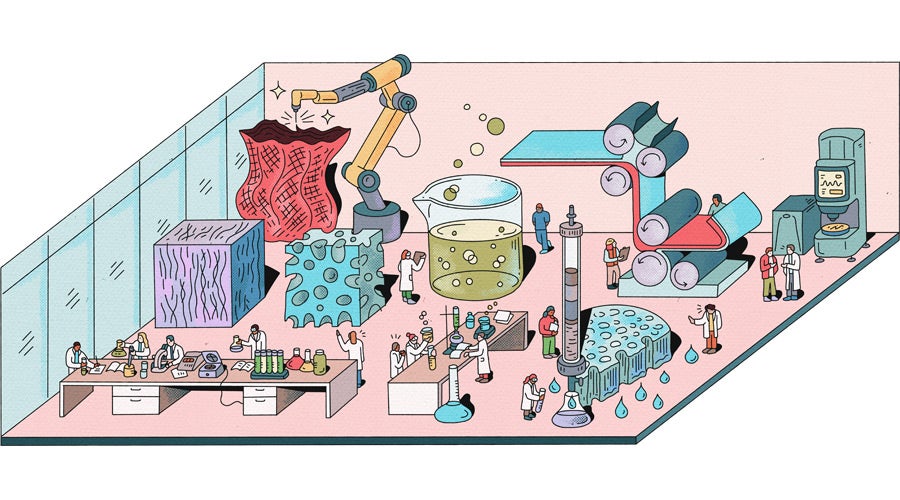 Illustration of a materials science lab in the Interdisciplinary Science and Engineering Building, with researchers in lab coats working at benches of glassware and microscopes, surrounded by oversized material samples, a robotic arm, a large beaker of bubbling liquid, a roller press, and a testing machine.