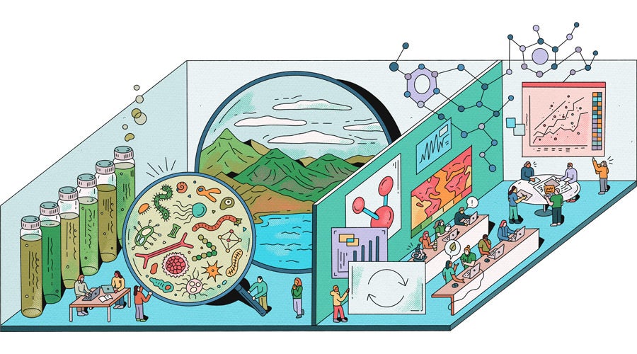 Illustration of an environmental-themed research lab in the Roger E. Susi Interdisciplinary Research Building, with a giant magnifying glass showing a mountain lake landscape beside a circle of microorganisms, tall jars of green liquid, and researchers working at laptops in front of climate data screens.
