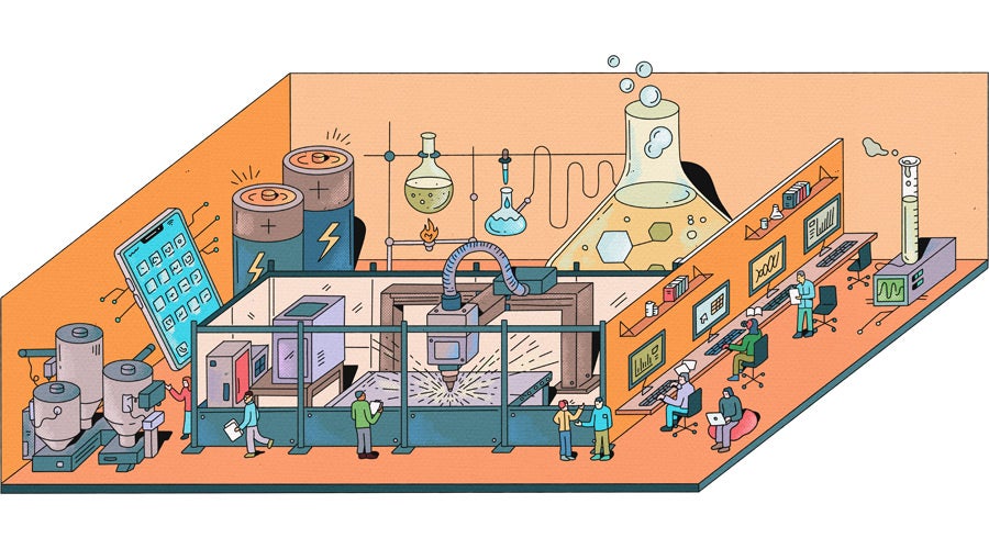 Illustration of a lab space in the Interdisciplinary Science and Engineering Building, where a glass-enclosed machine with a laser tool head sparks over a work surface, surrounded by chemistry glassware, oversized batteries, a smartphone, and researchers working at computer stations.