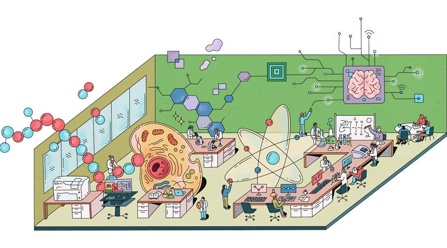 Illustration of a drug-discovery research lab in the Interdisciplinary Science and Engineering Building, where researchers work at benches and computer desks beneath a giant cell, an atom model, a molecular chain, and a wall-mounted brain connected to circuitry.