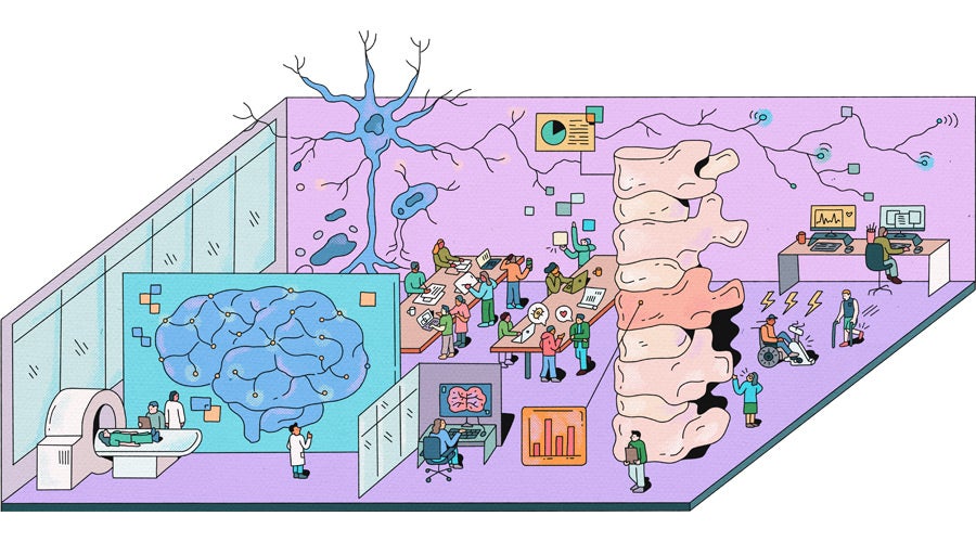 Illustration of a neuroscience lab in the Roger E. Susi Interdisciplinary Research Building, with researchers at shared desks and computers around a giant spine, a wall-sized brain diagram and neurons, plus people using a wheelchair and a cane.
