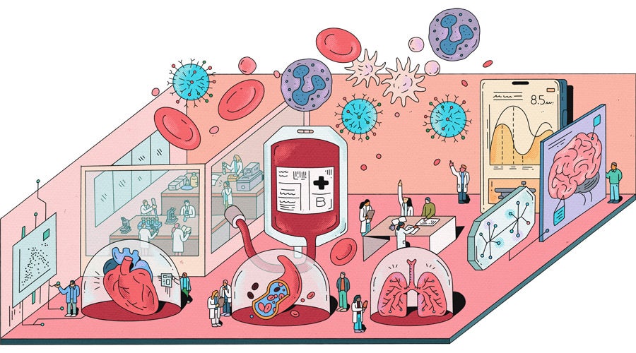 Illustration of a biomedical research space in the Interdisciplinary Science and Engineering Building, with researchers in lab coats gathered around a heart, a blood vessel, and lungs displayed under glass domes, beneath a giant blood bag, floating blood cells and viruses, and screens showing a brain scan and health data.