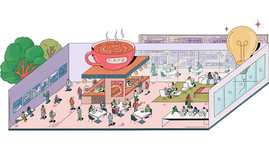 Cutaway illustration of a portion of the ground floor of the Interdisciplinary Science and Engineering Building depicts café workspace with people chatting and working at tables, a giant coffee cup, trees outside, and a glowing lightbulb overhead.
