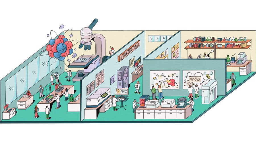 A detailed illustration of a multi-room space within the Interdisciplinary Science and Engineering Building, filled with researchers working. Features include giant models of an atom and a microscope, lab benches with glassware, 3D printers, whiteboards covered in diagrams, and shelves lined with books and equipment.