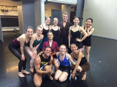 Yidi Lin (bottom right) with her MFA classmates after dance class in 2016.