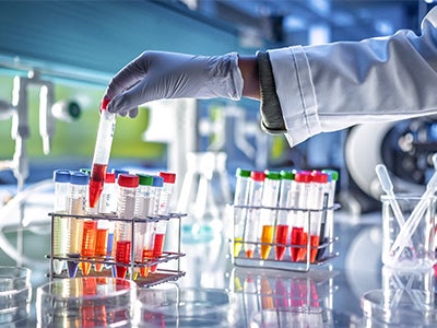 A gloved scientist carefully transfers liquid with a pipette beside colorful sample tubes in a bright lab, conveying precise research.