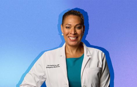 A photo of Dr. Elizabeth Clayborne in her white coat.