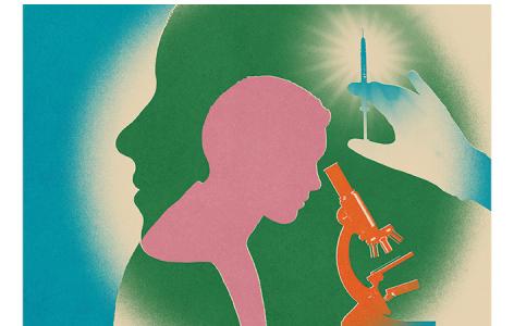 Illustration of person looking into microscope of needle in background