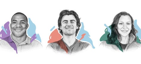 Illustrated portraits of three smiling individuals. Each has colorful abstract splashes in the background—purple, red, and green