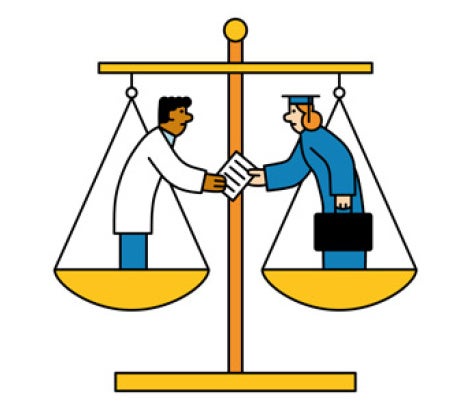 Pixel art of a scale with a doctor and a businesswoman in balance, shaking hands. The doctor wears a lab coat, and the businesswoman holds a briefcase.