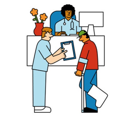 Pixelized illustration of a healthcare worker assisting an injured person on crutches while a receptionist observes. A vase with flowers sits on the counter, creating a calming atmosphere. 