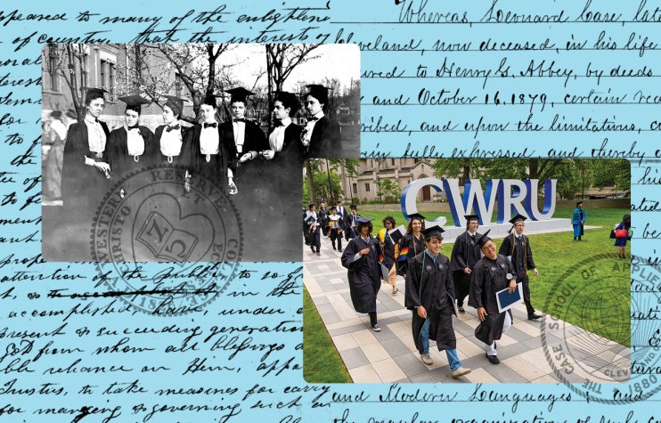 To the left, an old photo of graduates in black and white, overlaying cursive text. To the right, a photo of modern graduates walking past a CWRU sign, celebrating diversity in education.