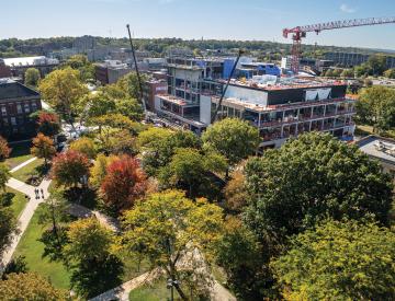 CWRU quad drone photo showing progress on the ISEB building