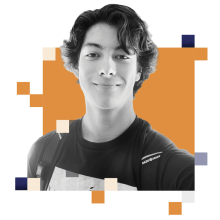 A head-and-shoulders photographic portrait of Aidan Bugayong with an illustrated spash of color behind him.