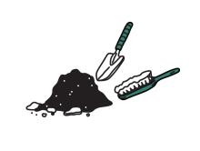 Black and white drawing of a pile of dirt and archaeological tools next to it.