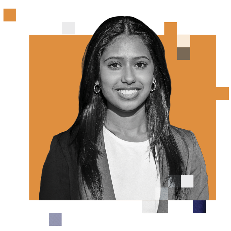 A head-and-shoulders photographic portrait of Shreya Girish with an illustrated spash of color behind her.