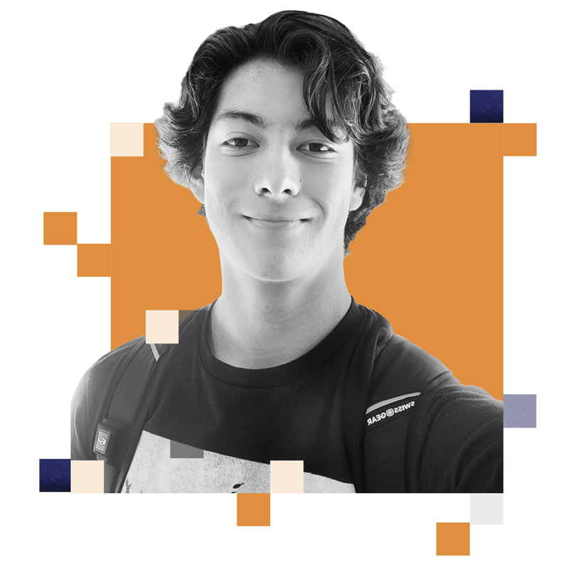 A head-and-shoulders photographic portrait of Aidan Bugayong  with an illustrated spash of color behind him.