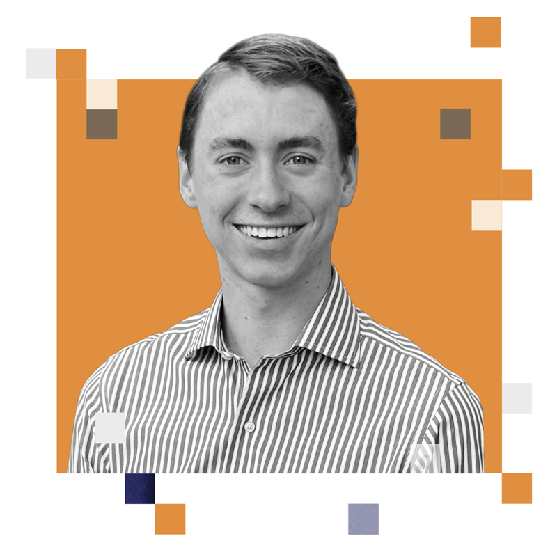 A head-and-shoulders photographic portrait of Michael Rinderle with an illustrated spash of color behind him.