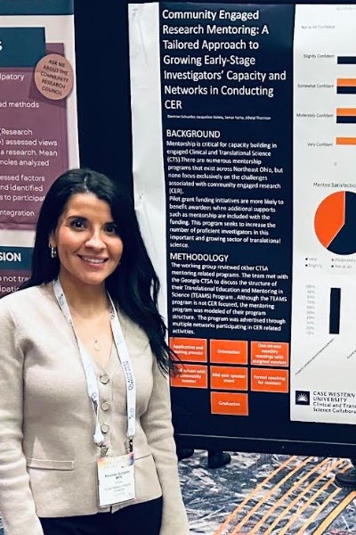 Woman standing next to a presentation poster