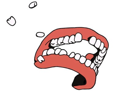 An illustration of a mouth gapes wide, showing uneven white teeth and red gums, with several teeth floating nearby; the bold drawing feels playful and surprised.