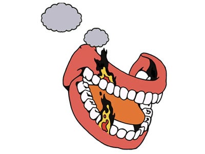 An illustration of a mouth gaping wide, showing white teeth and an orange tongue engulfed in flames, with gray smoke rising for a fiery, humorous effect.