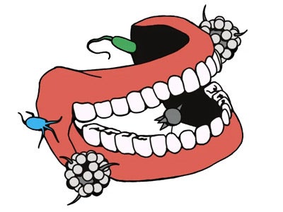 An illustration of an oversized red mouth with white teeth, tangled in a black spiderweb-like shape, with small bugs on either side.