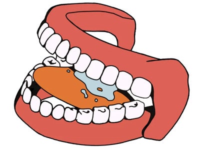 Illustration of a wide-open red mouth with rows of white teeth and an orange-and-blue fish-like shape inside, creating a playful, humorous scene.