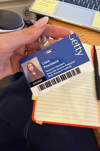 Clara Pinchbeck's badge to access the Getty Research Institute