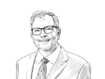 A black and white portrait illustration of President Eric W. Kaler
