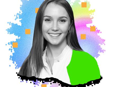 A photographic portrait of Vanessa Pilátová with an illustrated splash of color behind her.