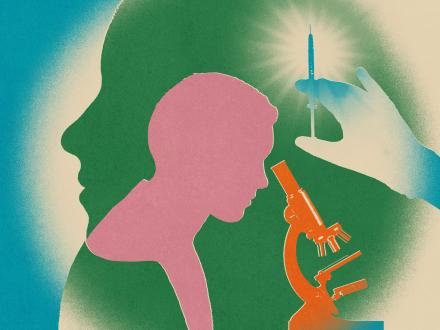 Illustration of person looking into microscope of needle in background